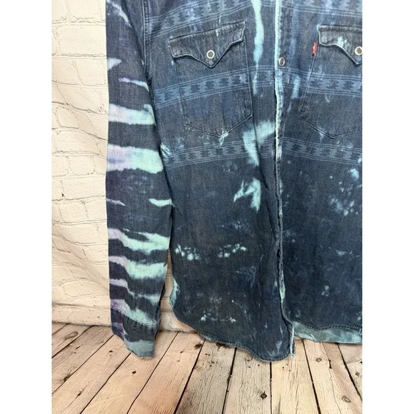 Levis Reworked Custom Tie Dye Denim Western Snap Shirt Bleach Wash XL Festival - Picture 2 of 12